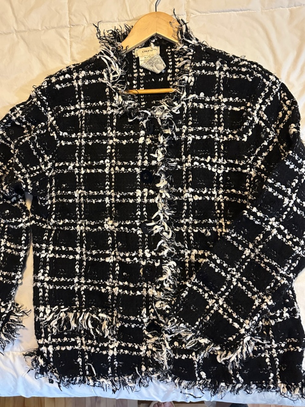 Laura Chanel-Inspired Black & White Tweed Fringe Jacket